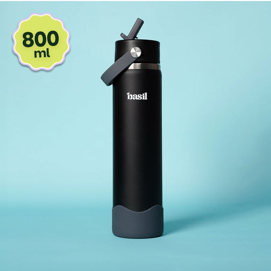Basil 800ml Stainless Steel Water Bottle with Sipper & Carry Handle | 304 Stainless Steel, Food-Grade Silicone Base | Assorted Design Classic Black, Navy, Plum & Dune