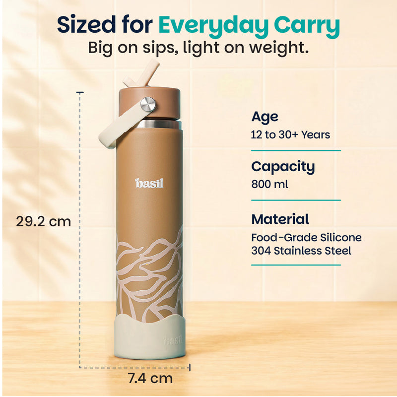 Basil 800ml Stainless Steel Water Bottle with Sipper & Carry Handle | 304 Stainless Steel, Food-Grade Silicone Base | Assorted Design Classic Black, Navy, Plum & Dune