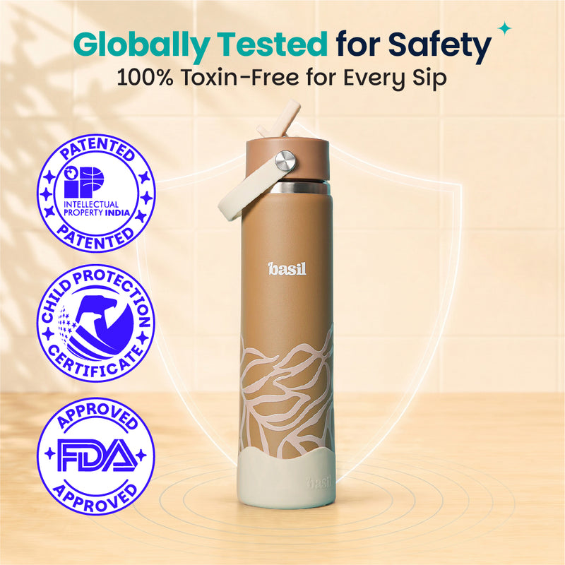 Basil 800ml Stainless Steel Water Bottle with Sipper & Carry Handle | 304 Stainless Steel, Food-Grade Silicone Base | Assorted Design Classic Black, Navy, Plum & Dune