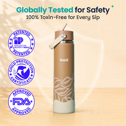 Basil 800ml Stainless Steel Water Bottle with Sipper & Carry Handle | 304 Stainless Steel, Food-Grade Silicone Base | Assorted Design Classic Black, Navy, Plum & Dune