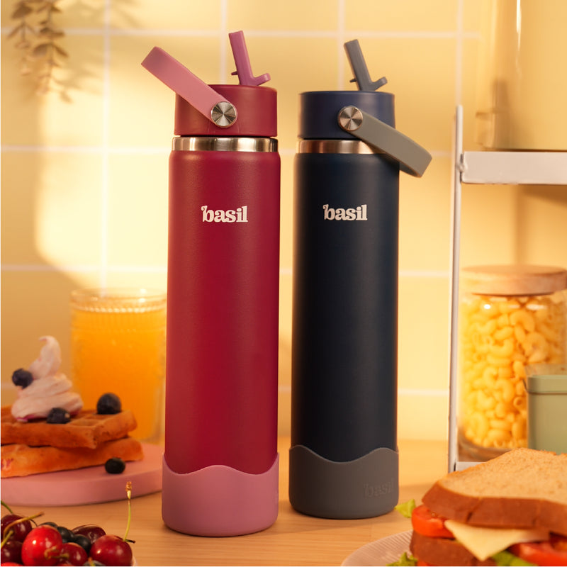 Basil 800ml Stainless Steel Water Bottle with Sipper & Carry Handle | 304 Stainless Steel, Food-Grade Silicone Base | Assorted Design Classic Black, Navy, Plum & Dune