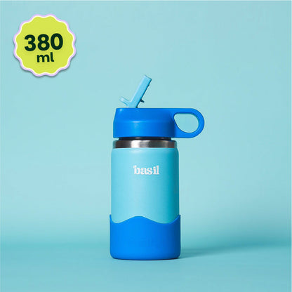 Basil 380ml Kids Stainless Steel Water Bottle with Straw & Carry Loop | 304 Steel, Silicone Protective Base | Glacier Blue & Lagoon Green
