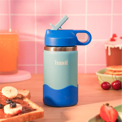 Basil 380ml Kids Stainless Steel Water Bottle with Straw & Carry Loop | 304 Steel, Silicone Protective Base | Glacier Blue & Lagoon Green