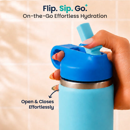 Basil 380ml Kids Stainless Steel Water Bottle with Straw & Carry Loop | 304 Steel, Silicone Protective Base | Glacier Blue & Lagoon Green