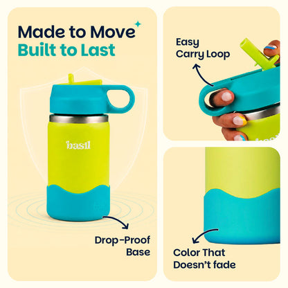 Basil 380ml Kids Stainless Steel Water Bottle with Straw & Carry Loop | 304 Steel, Silicone Protective Base | Glacier Blue & Lagoon Green
