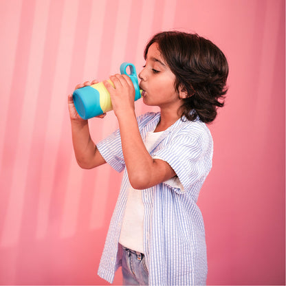 Basil 380ml Kids Stainless Steel Water Bottle with Straw & Carry Loop | 304 Steel, Silicone Protective Base | Glacier Blue & Lagoon Green