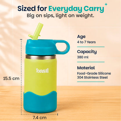 Basil 380ml Kids Stainless Steel Water Bottle with Straw & Carry Loop | 304 Steel, Silicone Protective Base | Glacier Blue & Lagoon Green