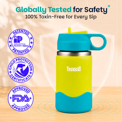 Basil 380ml Kids Stainless Steel Water Bottle with Straw & Carry Loop | 304 Steel, Silicone Protective Base | Glacier Blue & Lagoon Green