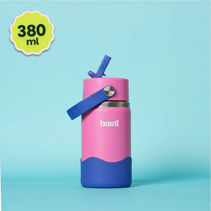 Basil Reef 380ml Kids Stainless Steel Water Bottle with Straw & Flexible Carry Handle | 304 Stainless Steel, Food-Grade Silicone Base | Pink