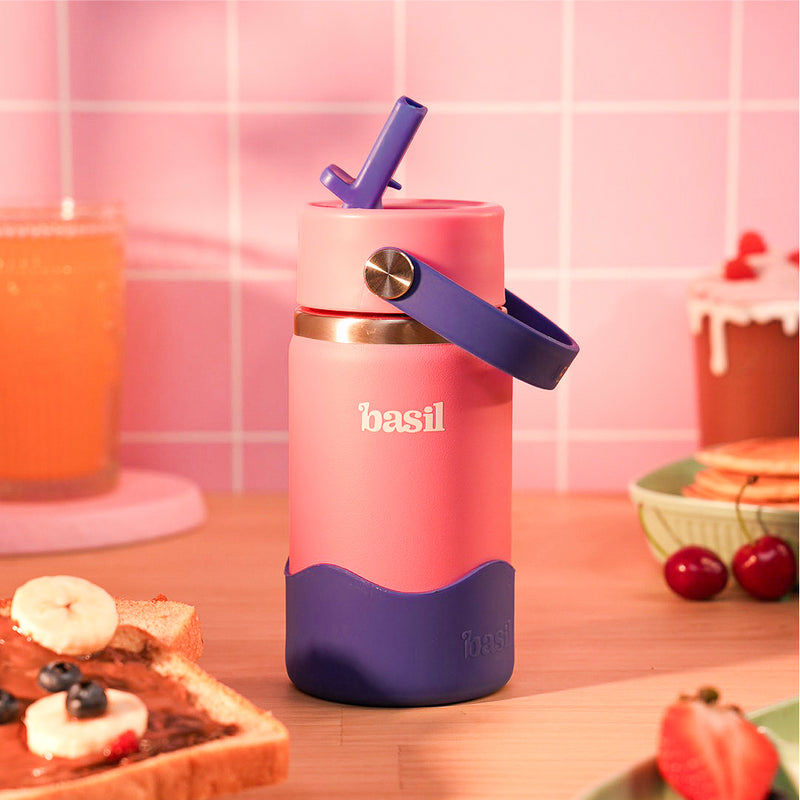 Basil Reef 380ml Kids Stainless Steel Water Bottle with Straw & Flexible Carry Handle | 304 Stainless Steel, Food-Grade Silicone Base | Pink