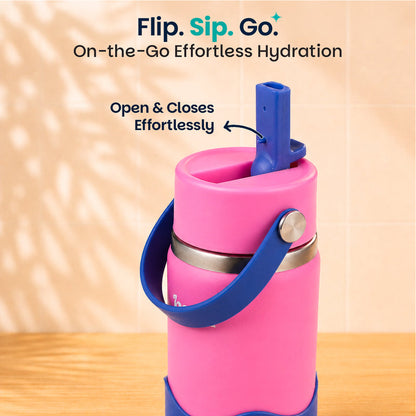 Basil Reef 380ml Kids Stainless Steel Water Bottle with Straw & Flexible Carry Handle | 304 Stainless Steel, Food-Grade Silicone Base | Pink
