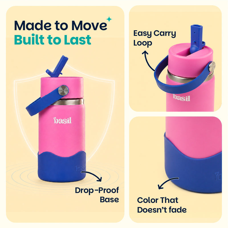 Basil Reef 380ml Kids Stainless Steel Water Bottle with Straw & Flexible Carry Handle | 304 Stainless Steel, Food-Grade Silicone Base | Pink