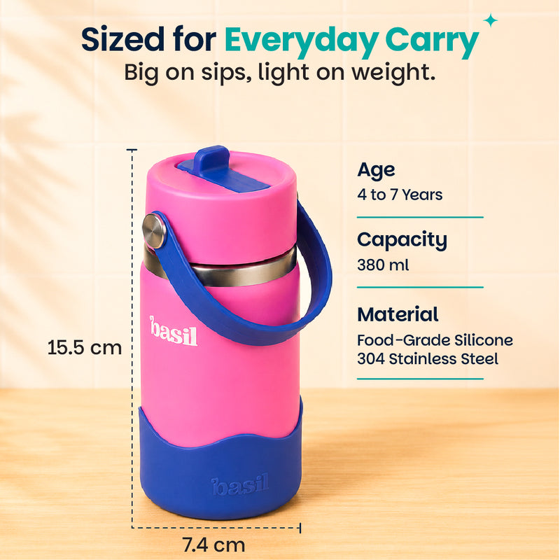 Basil Reef 380ml Kids Stainless Steel Water Bottle with Straw & Flexible Carry Handle | 304 Stainless Steel, Food-Grade Silicone Base | Pink