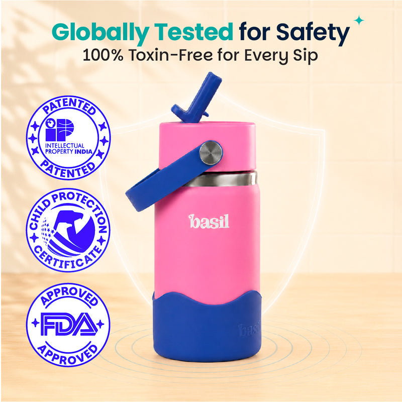 Basil Reef 380ml Kids Stainless Steel Water Bottle with Straw & Flexible Carry Handle | 304 Stainless Steel, Food-Grade Silicone Base | Pink