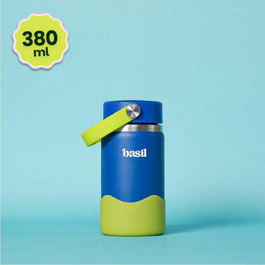 Basil Oasis 380ml Kids Stainless Steel Water Bottle with Flexible Carry Handle & Protective Silicone Base | 304 Stainless Steel | Blue & Green