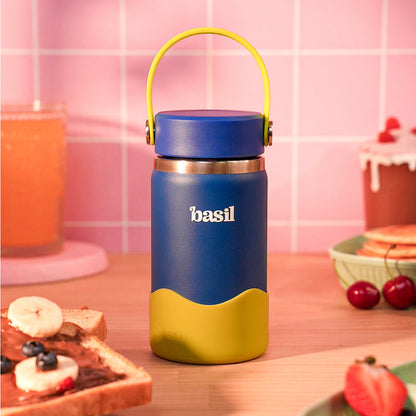 Basil Oasis 380ml Kids Stainless Steel Water Bottle with Flexible Carry Handle & Protective Silicone Base | 304 Stainless Steel | Blue & Green