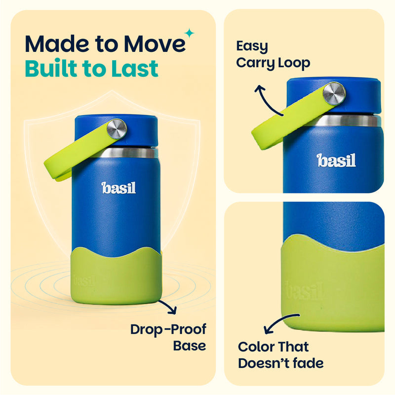 Basil Oasis 380ml Kids Stainless Steel Water Bottle with Flexible Carry Handle & Protective Silicone Base | 304 Stainless Steel | Blue & Green