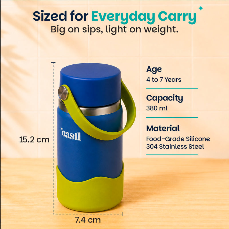 Basil Oasis 380ml Kids Stainless Steel Water Bottle with Flexible Carry Handle & Protective Silicone Base | 304 Stainless Steel | Blue & Green