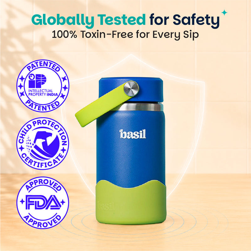 Basil Oasis 380ml Kids Stainless Steel Water Bottle with Flexible Carry Handle & Protective Silicone Base | 304 Stainless Steel | Blue & Green
