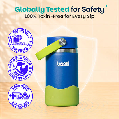 Basil Oasis 380ml Kids Stainless Steel Water Bottle with Flexible Carry Handle & Protective Silicone Base | 304 Stainless Steel | Blue & Green