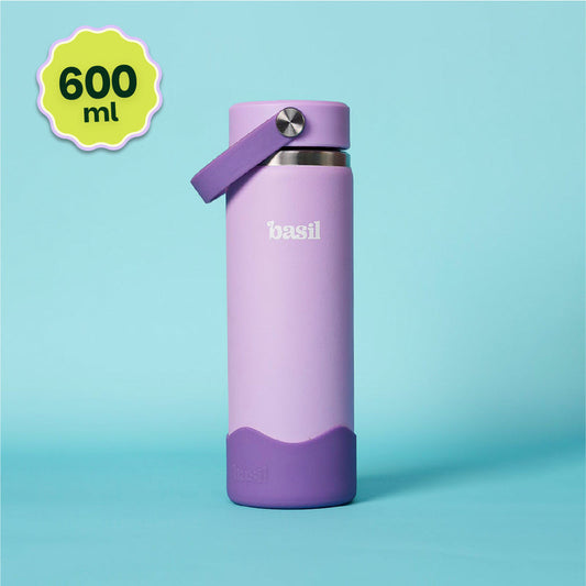 Basil 600ml Kids Stainless Steel Water Bottle with Carry Handle | 304 Stainless Steel, Food-Grade Silicone Base | Classic Lilac & Coral Swirl