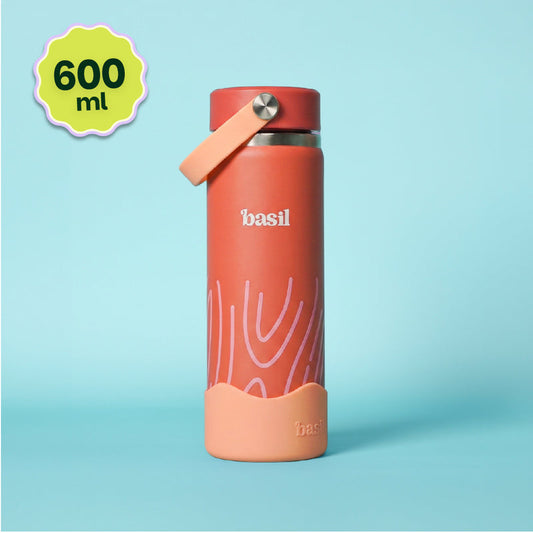 Basil 600ml Kids Stainless Steel Water Bottle with Carry Handle | 304 Stainless Steel, Food-Grade Silicone Base | Classic Lilac & Coral Swirl