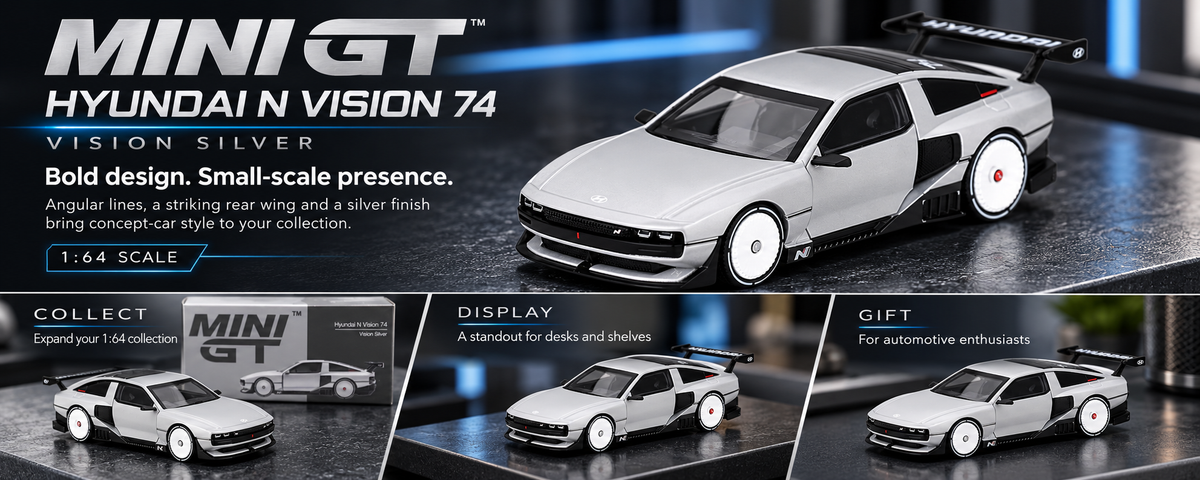 MINI GT 1207 Hyundai N Vision 74 Vision Silver 1:64 Scale Die-Cast Collectible Model Car with Rear Wing – Detailed Concept Car Miniature for Collectors & Display - details 1