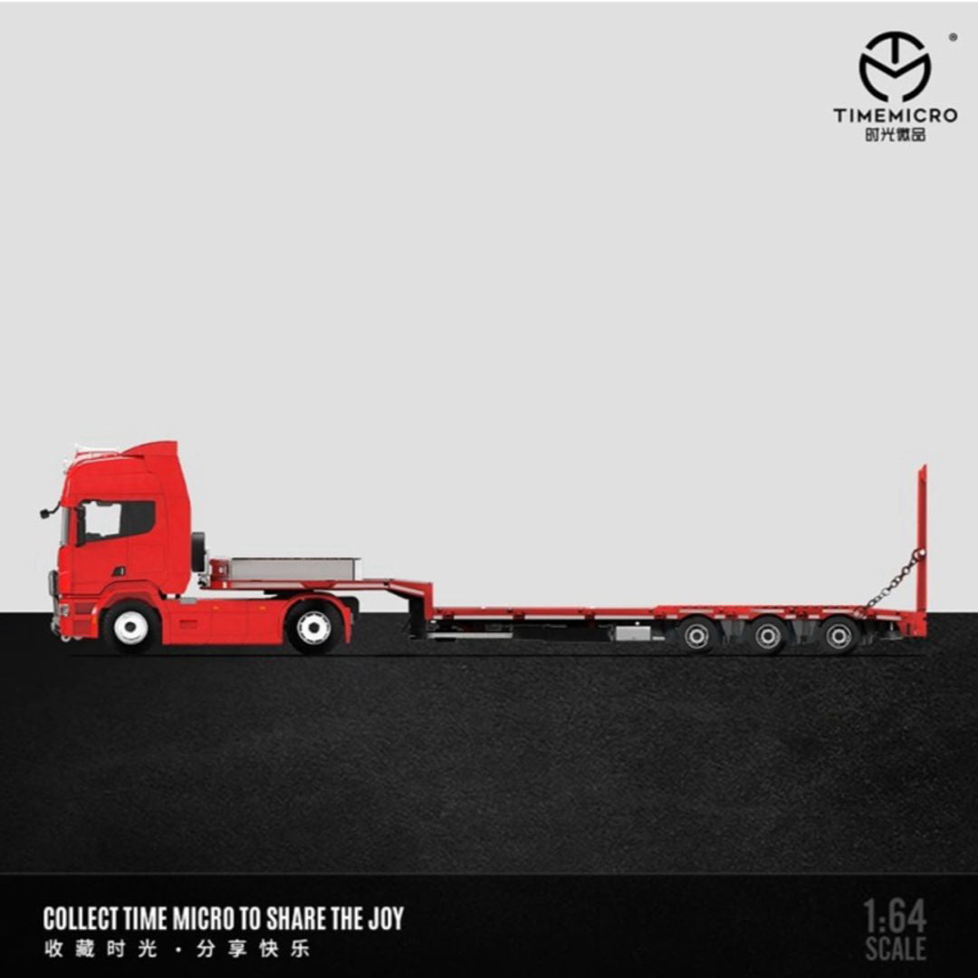 Time Micro 1:64 Scania Flatbed Transport Vehicle Diecast Model | Premium Metal Transporter with Display Base - Red