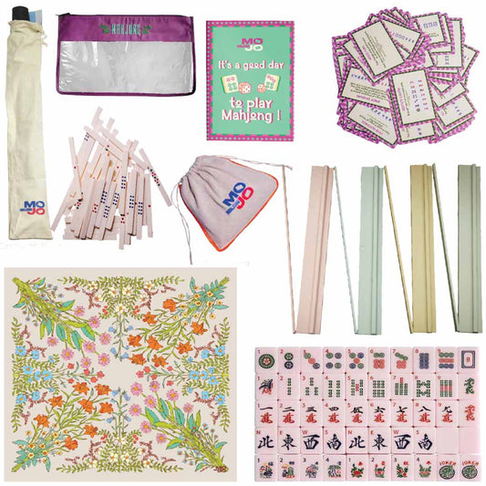 MOJO Floral Frenzy Classic Bundle Game Pack Mahjong Set – 160 Premium 30mm Tiles with Wooden Racks, Floral Playing Mat, Mahjong Cards & Accessories
