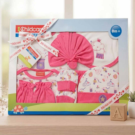 Childcare 9 PCS Baby Gift Set for Newborn Girls (0M+) – Soft Cotton Infant Clothing Set with Cap, Mittens, Booties & Bib (Pink)