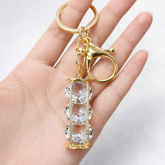 Crystal Charm Keychain with Gold Frame – Triple Crystal Stone Keyring Pendant for Bags, Keys & Car Accessories