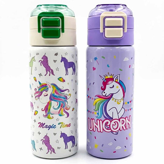 Kids Stainless Steel Unicorn Water Bottle 500ML with Straw Lid – Leakproof Insulated School Bottle for Girls (Unicorn Designs)