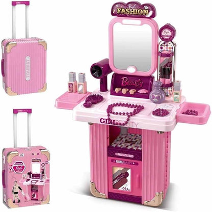 Portable Beauty Makeup Playset with Trolley Suitcase – Kids Pretend Play Vanity Set with Mirror, Hair Dryer & Accessories for Girls
