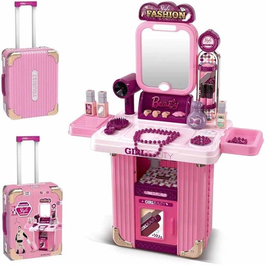 Portable Beauty Makeup Playset with Trolley Suitcase – Kids Pretend Play Vanity Set with Mirror, Hair Dryer & Accessories for Girls