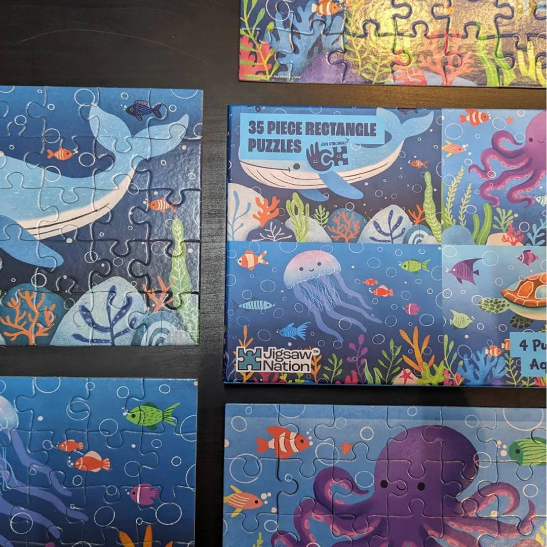Jigsaw Nation Aqua Adventure 4-in-1 Puzzle Set | 35 Piece Ocean Animal Puzzles for Kids (Ages 3–5)