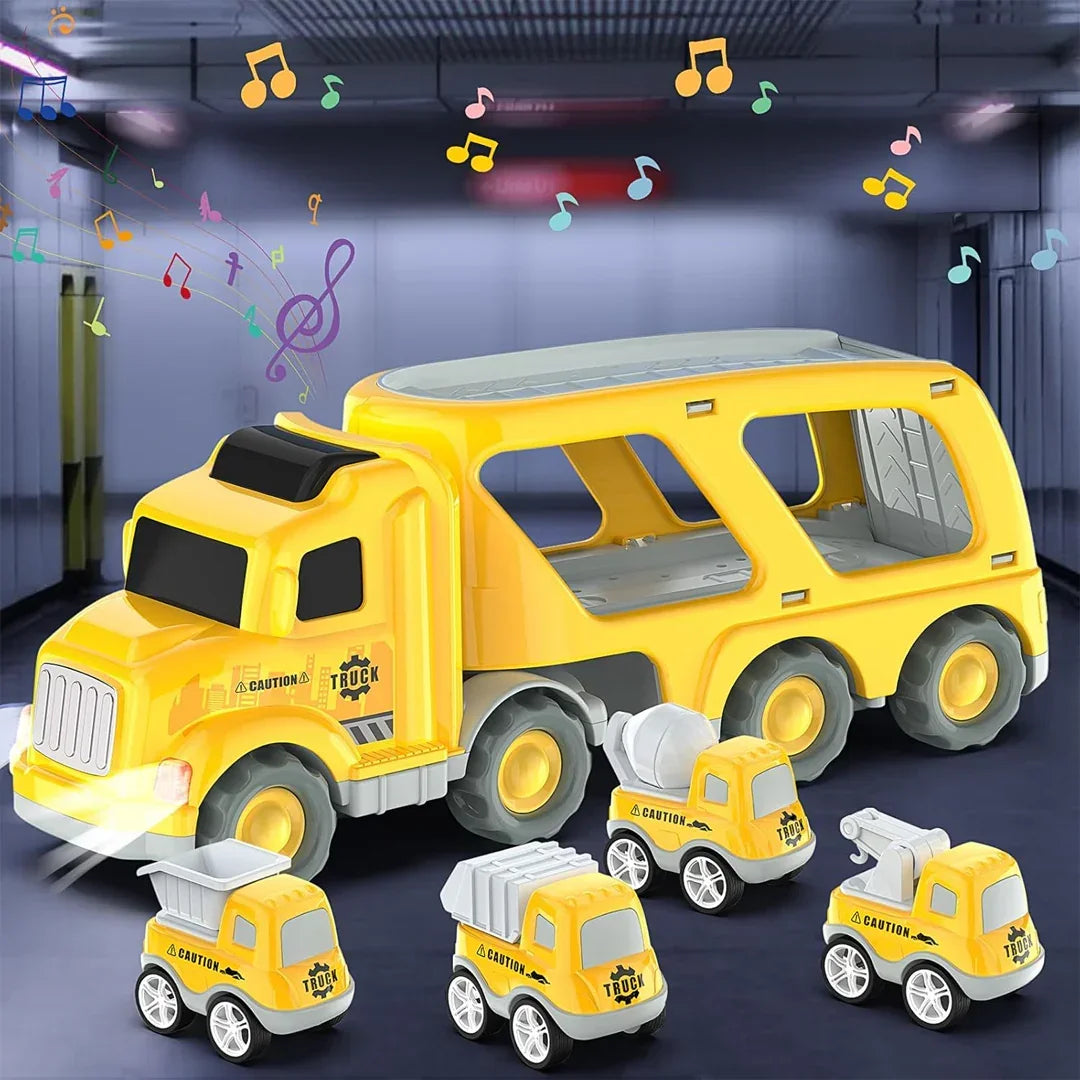 City Transporter Truck Toy for Kids – Inertial Pull Back Car Carrier with Mini Construction Vehicles | Yellow Transport Fleet Set  3+