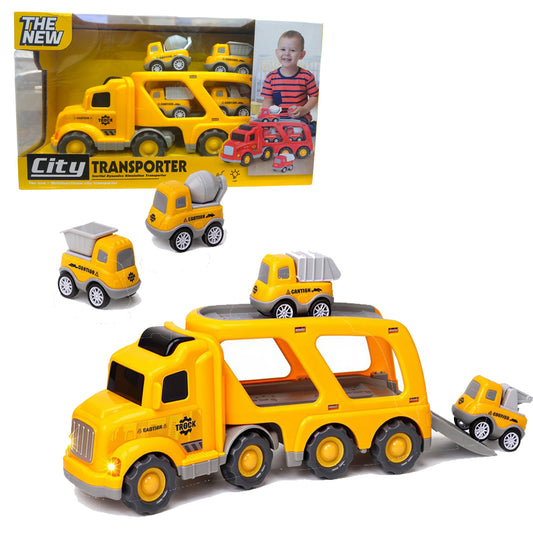 City Transporter Truck Toy for Kids – Inertial Pull Back Car Carrier with Mini Construction Vehicles | Yellow Transport Fleet Set  3+
