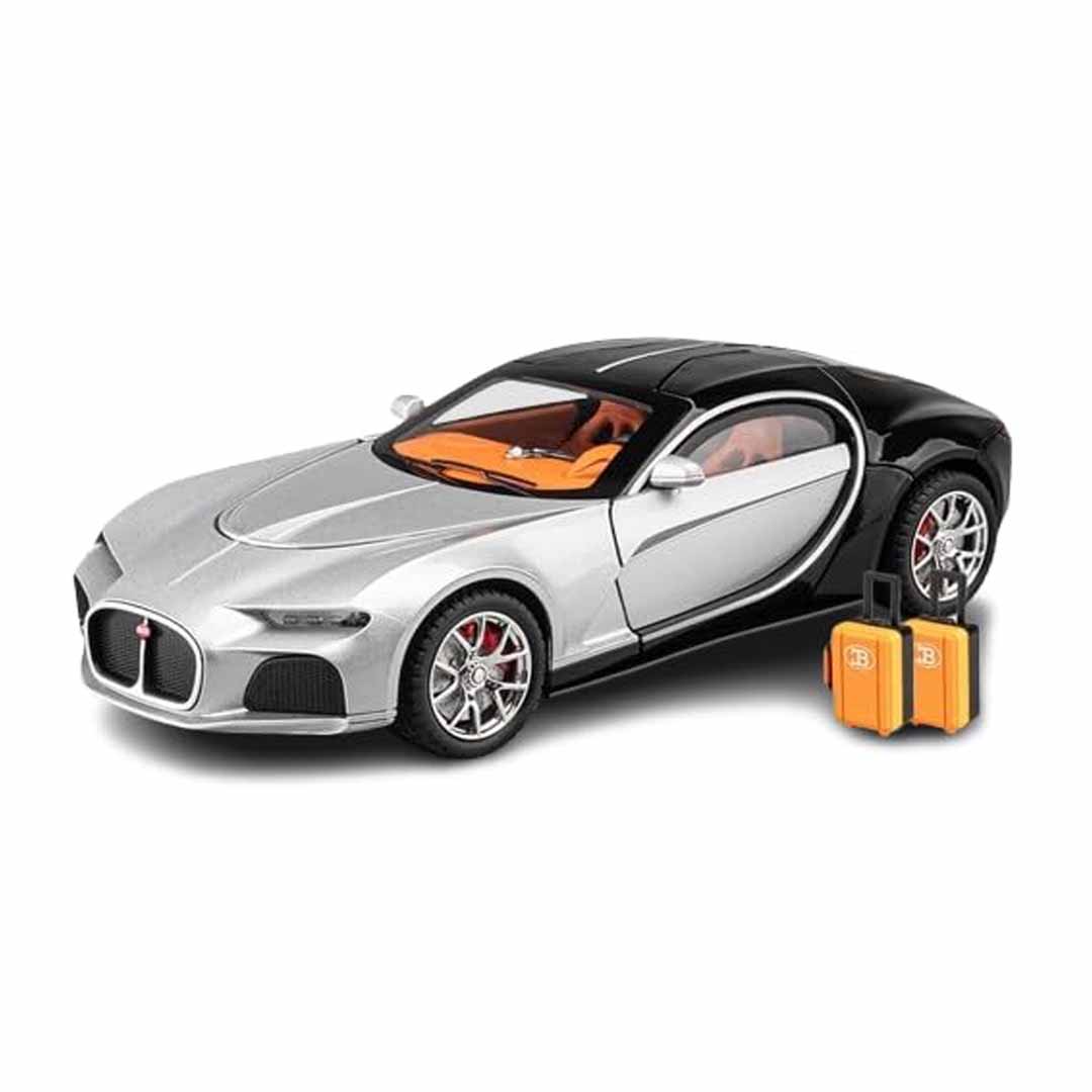 Joy Junction 1:24 Bugatti Chiron Atlantic Scale Die-Cast Model Car with Sound, Light & Pull Back Action – Premium Metal Hypercar Collectible (Silver/Black)