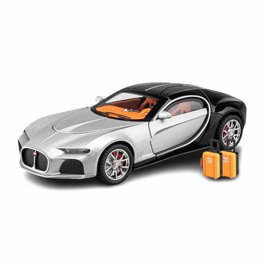 Joy Junction 1:24 Bugatti Chiron Atlantic Scale Die-Cast Model Car with Sound, Light & Pull Back Action – Premium Metal Hypercar Collectible (Silver/Black)