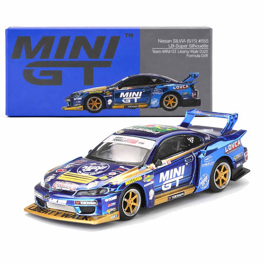 MINI GT 1:64 Nissan Silvia (S15) #555 LB-Super Silhouette Team MINI GT Liberty Walk 2025 Formula Drift Die-Cast Model Car