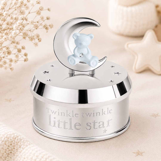 Momentz Twinkle Twinkle Little Star Baby Keepsake Box Blue | Silver Decorative Trinket Box with Teddy Bear & Moon Design