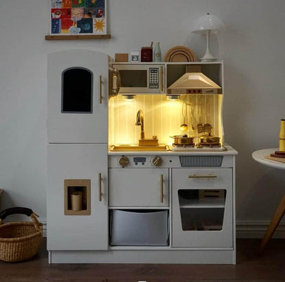 Light-Up Wooden Play Kitchen Set for Kids Pretend Food & Water Play