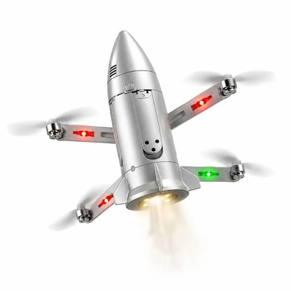Model Missile Aircraft 2.4GHz Remote Control Drone with Spray Function, Cool LED Lights, Foldable Arms & Rechargeable Battery – Easy to Fly RC Flying Toy, Silver