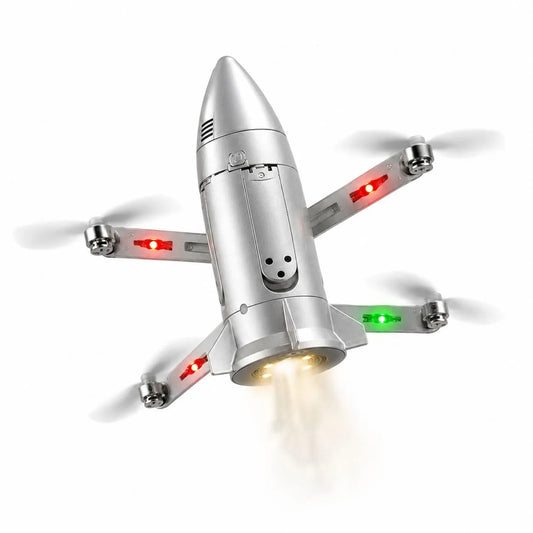 Model Missile Aircraft 2.4GHz Remote Control Drone with Spray Function, Cool LED Lights, Foldable Arms & Rechargeable Battery – Easy to Fly RC Flying Toy, Silver