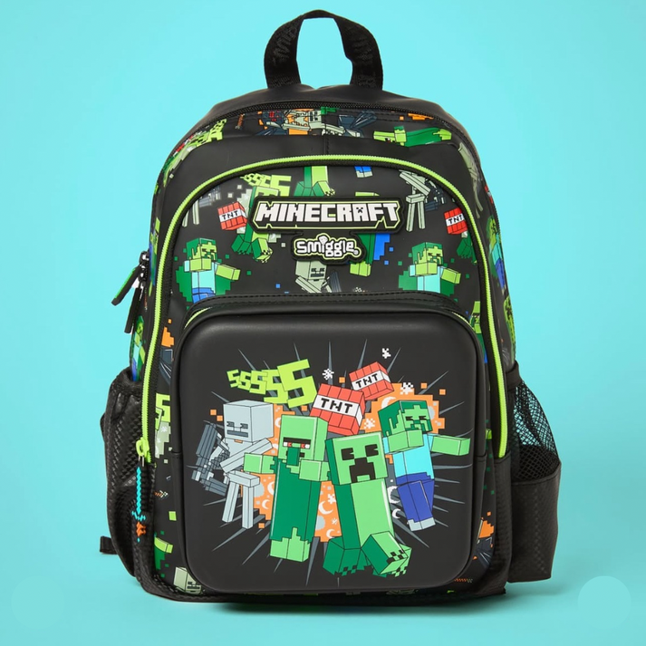 Smiggle Minecraft Backpack for Kids (14 Inch) – Creeper School Bag with Front Pocket & Side Mesh (Black & Green)
