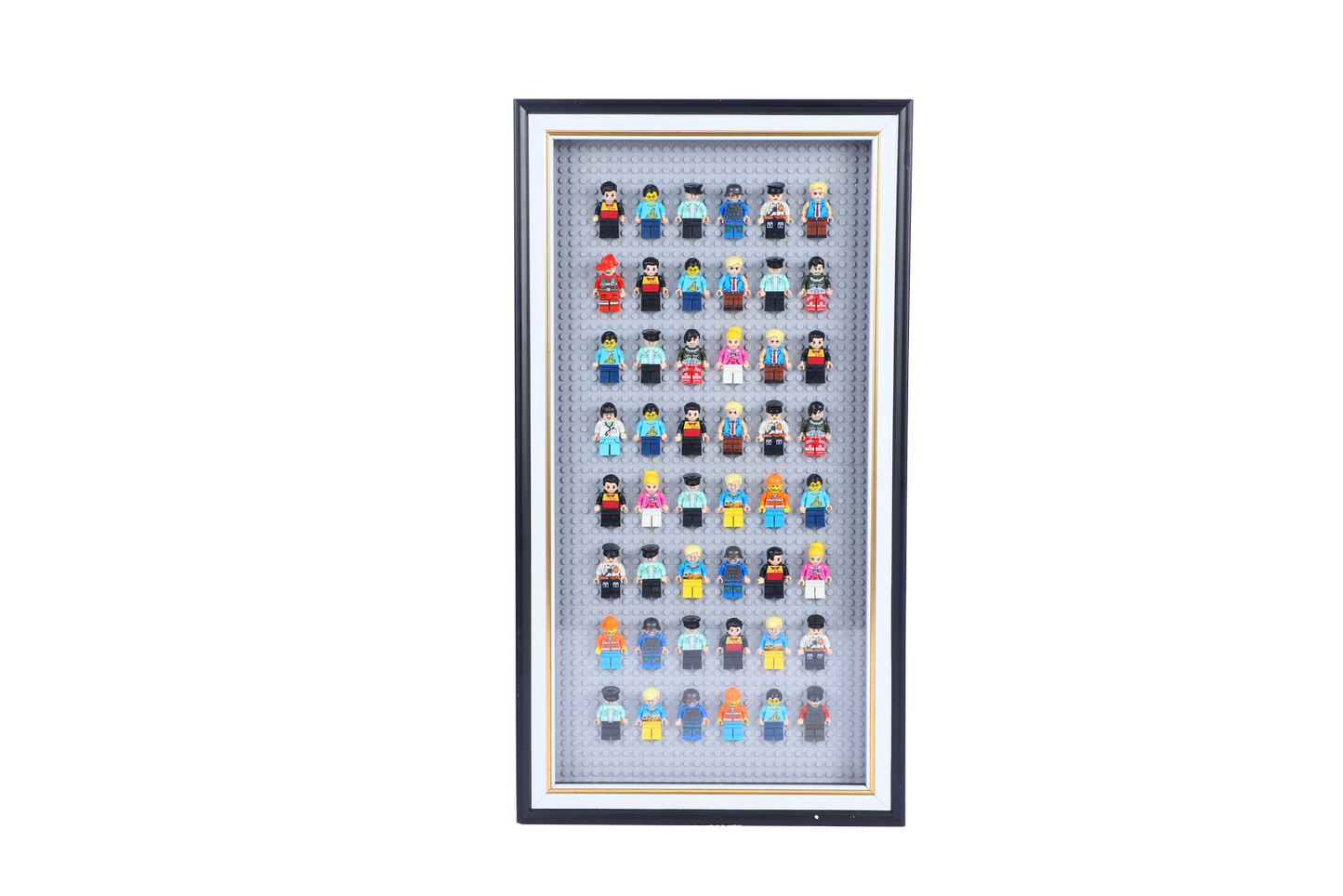 Building Memories: A Decorative High Quality Frame for 48 Mini Figures on Blue Baseplate