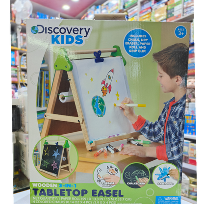 Discovery Kids Wooden 3-in-1 Tabletop Easel | Dry Erase Board, Chalkboard & Paper Roll | Kids Art & Learning Station (Accessories Included)