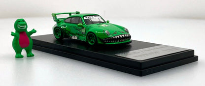 MyModelCollect 1:64 Porsche 911 RAUH-Welt Begriff (RWB) #80 Green Diecast Model Car with Dinosaur Figure & Display Case