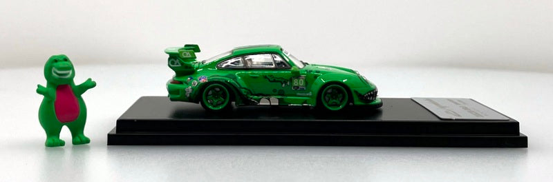 MyModelCollect 1:64 Porsche 911 RAUH-Welt Begriff (RWB) #80 Green Diecast Model Car with Dinosaur Figure & Display Case