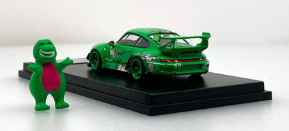 MyModelCollect 1:64 Porsche 911 RAUH-Welt Begriff (RWB) #80 Green Diecast Model Car with Dinosaur Figure & Display Case